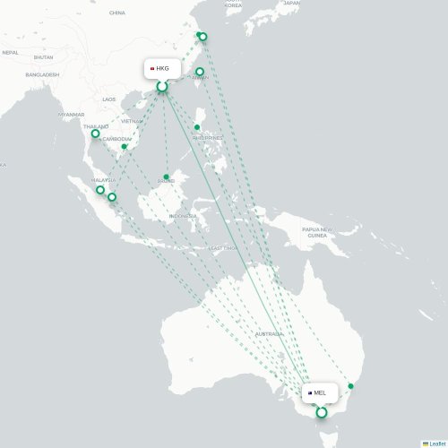 Mapa lotu bezpośredniego Hongkong – Melbourne