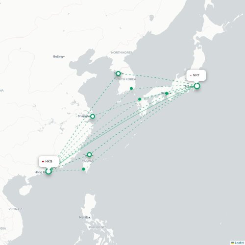 Mapa lotu bezpośredniego Hongkong – Tokio