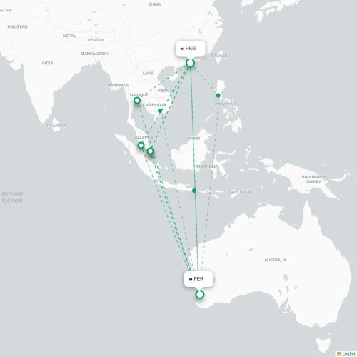 Mapa lotu bezpośredniego Hongkong – Perth Zachodnia