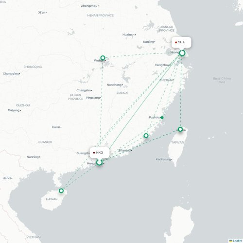 Mapa lotu bezpośredniego Hongkong – Szanghaj