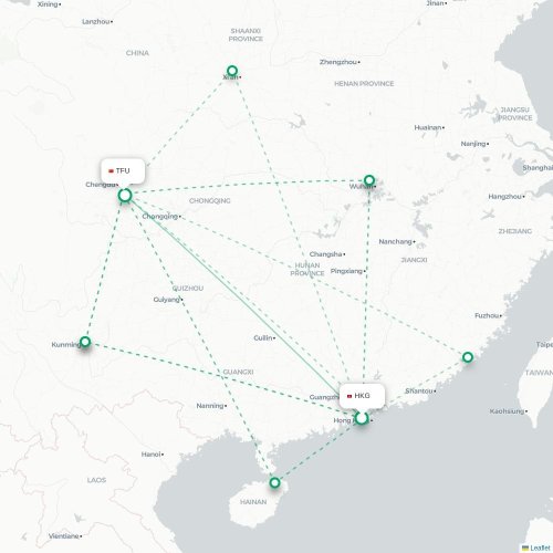 Mapa lotu bezpośredniego Hongkong – Chengdu
