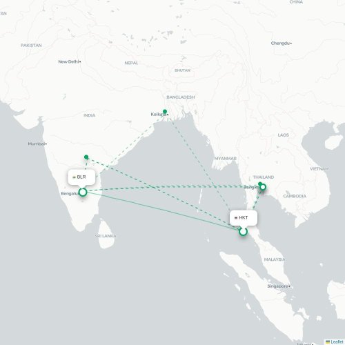 Phuket – Bangalore suoran lennon kartta