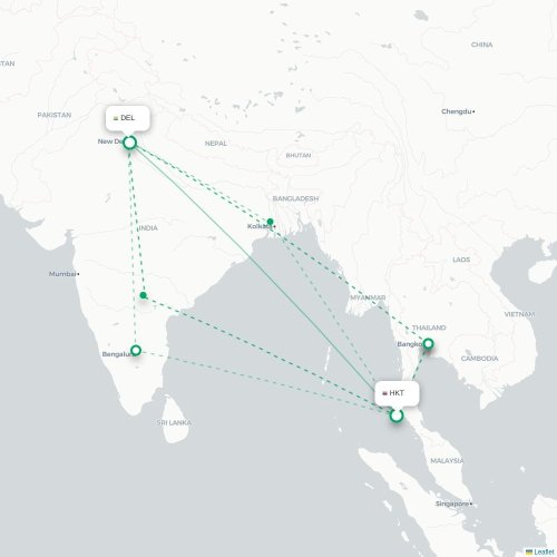 Phuket – New Delhi suoran lennon kartta