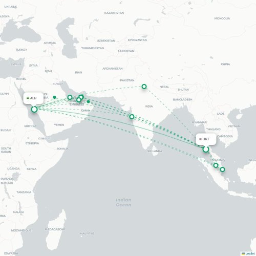Mapa de vuelo directo Phuket - Jedda