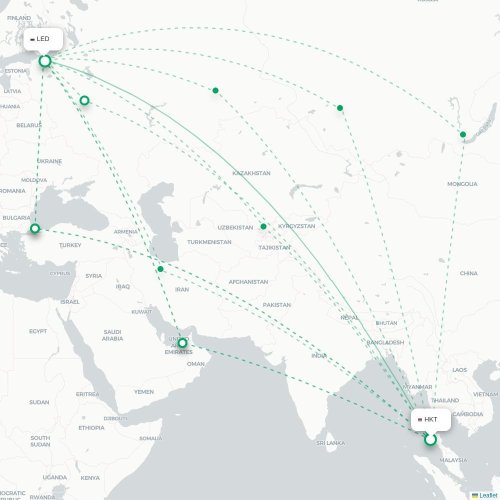 Mapa de vuelo directo Phuket - San Petersburgo