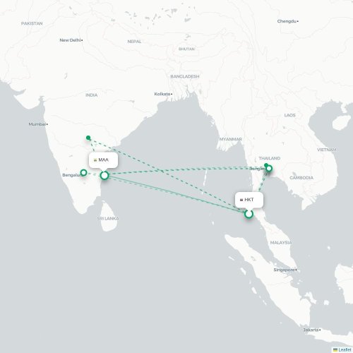 Phuket – Chennai suoran lennon kartta