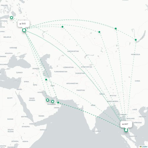 Mapa de vuelo directo Phuket - Moscú