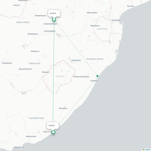 Johanesburgo - East London direct flight map