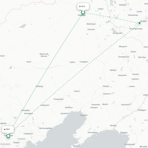 Mapa de vuelo directo Hinggan - Pekín