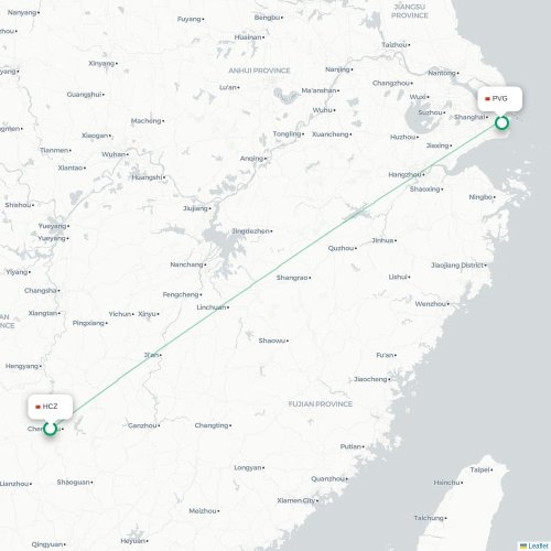 Mapa de vuelo directo Hinggan - Shangai