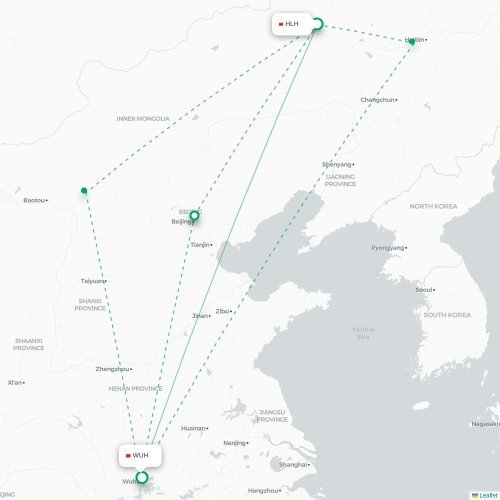 Mapa de vuelo directo Hinggan - Wuhan
