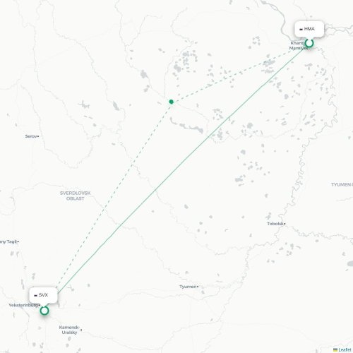 Mapa de vuelo directo Janty-Mansisk - Ekaterinburgo