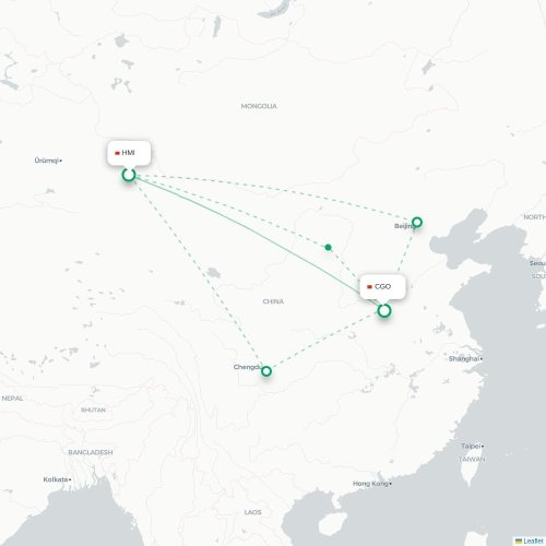 Mapa lotu bezpośredniego Hami – Czengczou