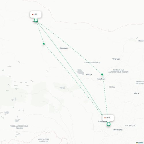 Mapa lotu bezpośredniego Hami – Chengdu
