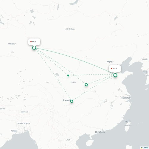 Mapa lotu bezpośredniego Hami – Jinan
