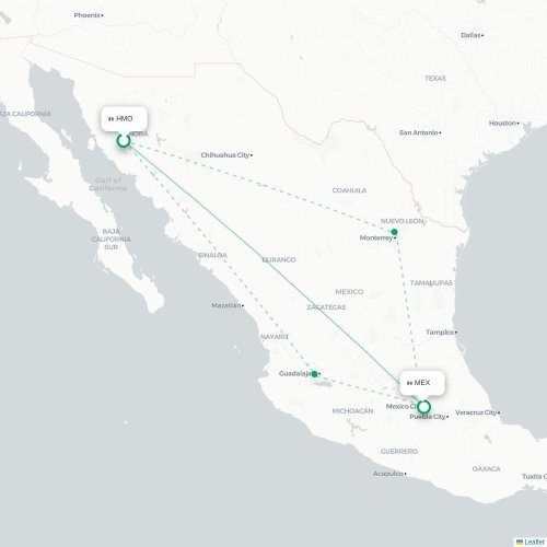 Mapa de vuelo directo Hermosillo - Ciudad de México, D.F.