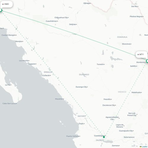 Hermosillo - Monterrey direct flight map
