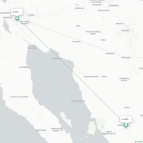 Mapa de vuelo directo Hermosillo - Mexicali