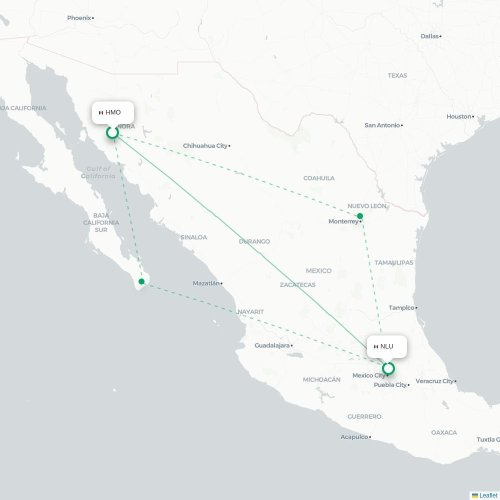 Mapa de vuelo directo Hermosillo - Ciudad de México, D.F.