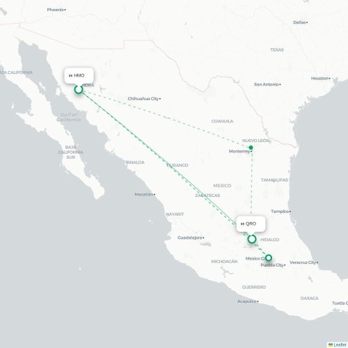 Mapa de vuelo directo Hermosillo - Santiago de Querétaro