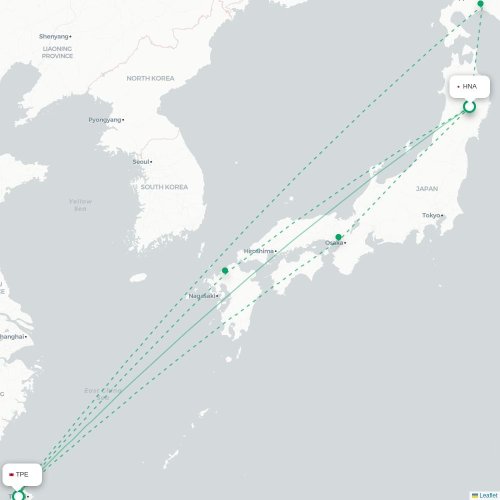 Mapa lotu bezpośredniego Hanamaki – Tajpej