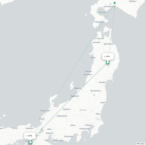 Mapa lotu bezpośredniego Hanamaki – Kōbe