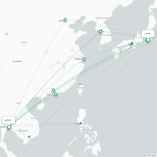 Mapa lotu bezpośredniego Tokio – Bangkok