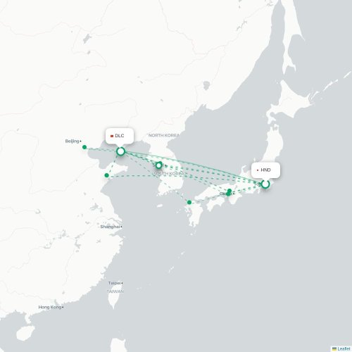 Mapa lotu bezpośredniego Tokio – Dalian