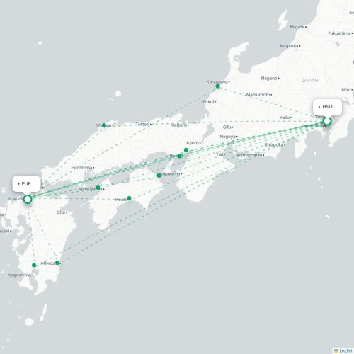 Mapa lotu bezpośredniego Tokio – Fukuoka