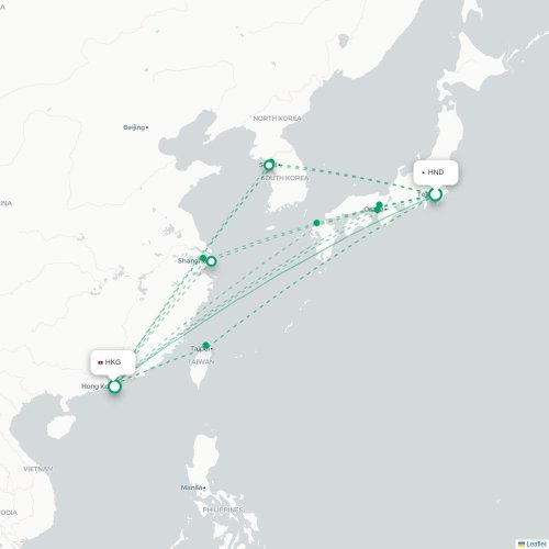 Mapa lotu bezpośredniego Tokio – Hongkong