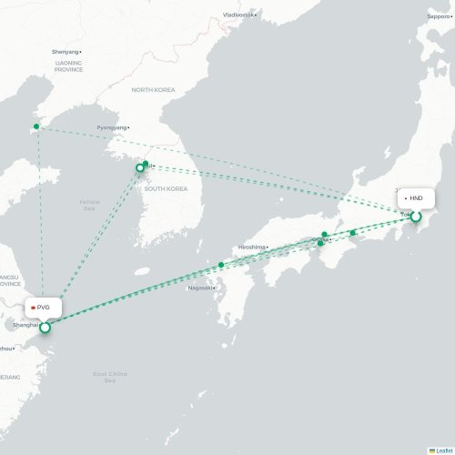 Mapa lotu bezpośredniego Tokio – Szanghaj