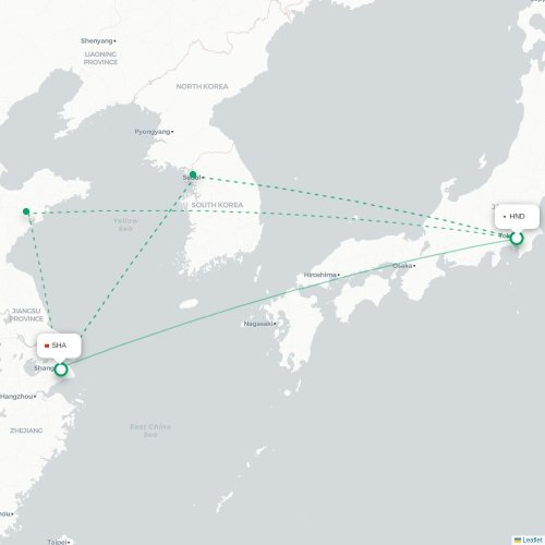 Mapa lotu bezpośredniego Tokio – Szanghaj