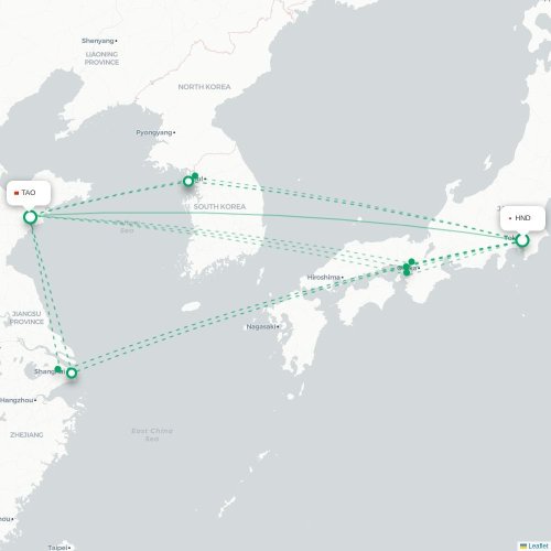 Mapa lotu bezpośredniego Tokio – Qingdao