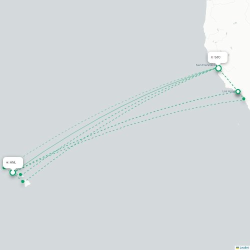 Honolulu - San Jose kort over direkte fly