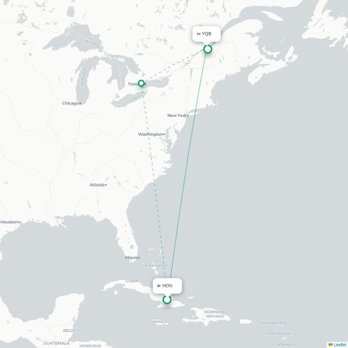 Mapa lotu bezpośredniego Holguín – Quebec