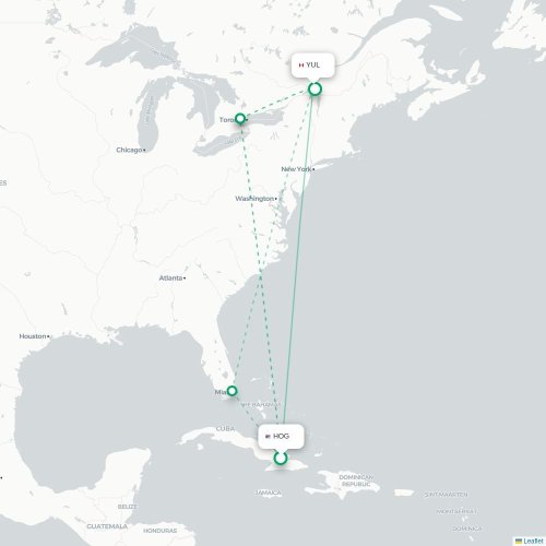 Mapa lotu bezpośredniego Holguín – Montreal