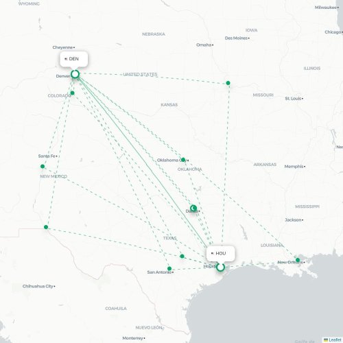 Mapa lotu bezpośredniego Houston – Denver