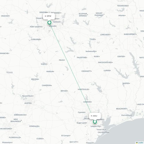 Mapa lotu bezpośredniego Houston – Dallas