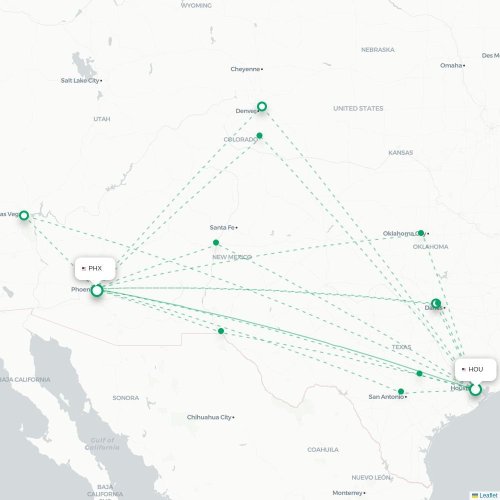 Mapa lotu bezpośredniego Houston – Phoenix