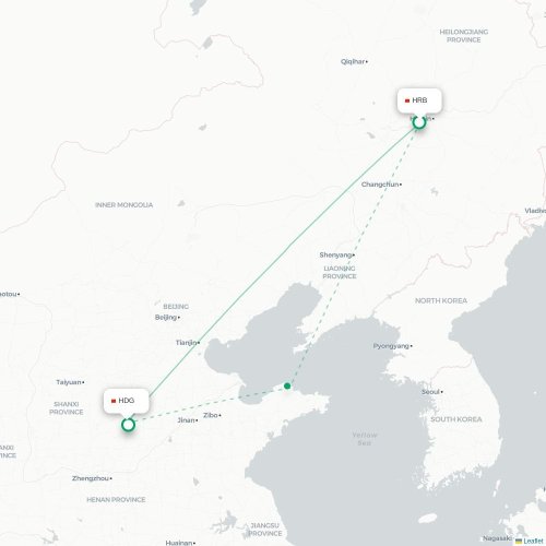 Mapa de vuelo directo Harbin - Handan