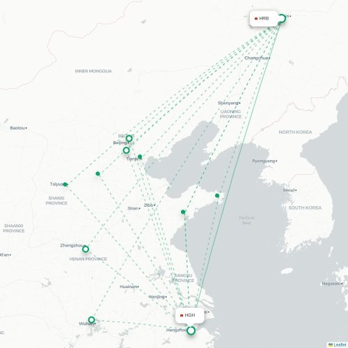 Mapa lotu bezpośredniego Harbin – Hangzhou