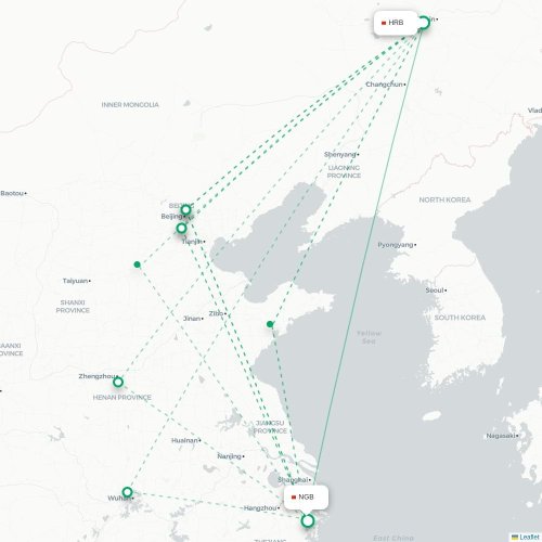 Mapa de vuelo directo Harbin - Ningbo