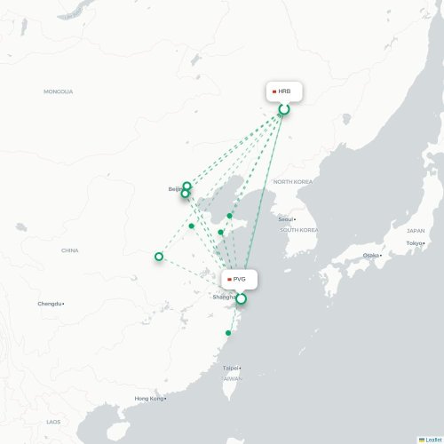 Mapa lotu bezpośredniego Harbin – Szanghaj