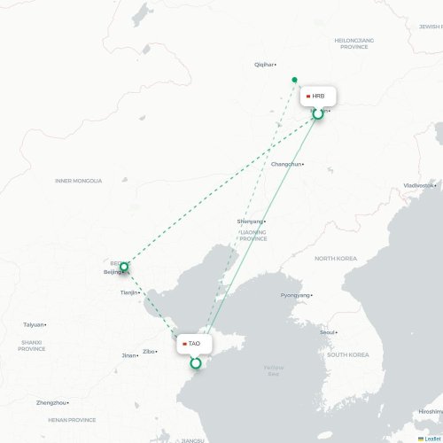 Mapa lotu bezpośredniego Harbin – Qingdao