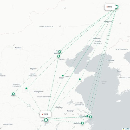 Mapa lotu bezpośredniego Harbin – Wuhan