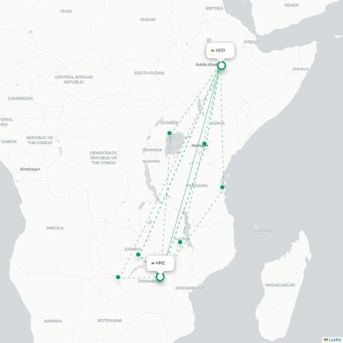 Mapa lotu bezpośredniego Harare – Addis Abeba