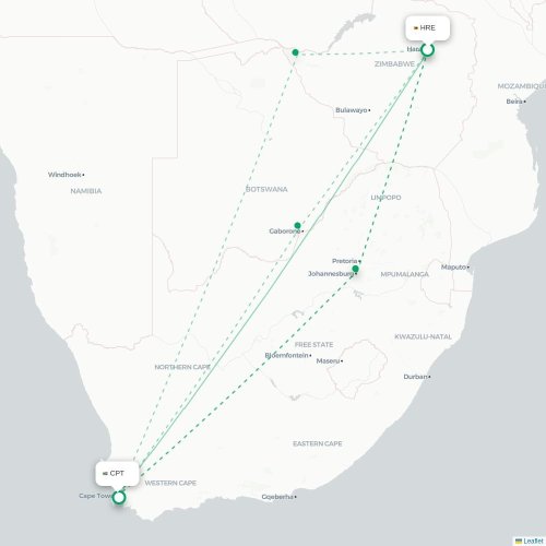 Mapa lotu bezpośredniego Harare – Kapsztad