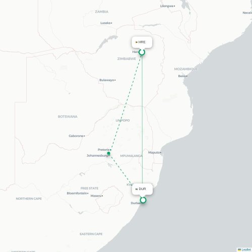 Mapa lotu bezpośredniego Harare – Durban