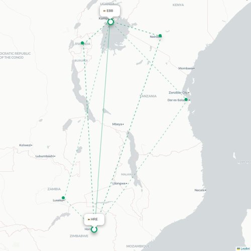Mapa lotu bezpośredniego Harare – Entebbe
