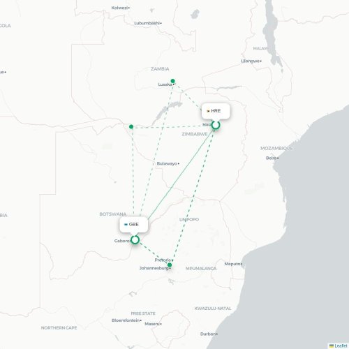 Mapa lotu bezpośredniego Harare – Gaborone